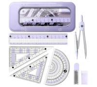 8 Pcs Protractor And Compass Set, Ruler Set, School Stationery Supplies With Transparent Case, Includes Compasses, Rubber, Protractor, Lead for Geometry Maths Sets for Secondary School (purple)