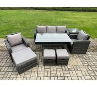 Fimous 8 Pcs Rattan Outdoor Garden Furniture Set Rectangular Dining Table and Chair Sofa Set With Side Table 3 Footstools Dark Grey Mixed