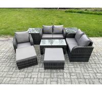 Fimous 8 Pcs Rattan Outdoor Garden Furniture Sofa Set Patio Table & Chairs Set with 2 Side Tables 2 Big Footstool Dark Grey Mixed