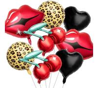 8 Pcs Red and Black Foil Balloons Kit, Groovy Birthday Party Supplies Including Cherry Red Lips Black Heart Pattern and Cheetah Balloons for Women's Birthday Baby Shower Wedding Bachelorette Party