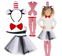 8 Pcs Red and White Cat Costume Accessories Set Includes Cat Ear Headband, Bow Tie, Tail, Tutu Skirt, Gloves, Socks Cute Cat Outfit for Girls Dress up Day, World Book Day, Halloween
