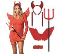 8 pcs Red Devil Costume - Halloween Costumes For Women - Adult & Teen One Size Fits All Accessories Set - 2024 Trending Fancy Dress - UK Based Brand