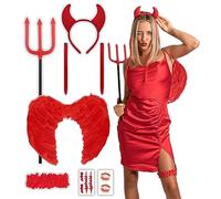 8 pcs Red Devil Costume - Halloween Costumes For Women - Adult & Teen One Size Fits All Accessories Set - 2024 Trending Fancy Dress - UK Based Brand