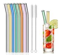 8 Pcs Reusable Glass Straws, 8"x8mm Eco-friendly Drinking Straws for Smoothies, Milkshakes, Tea, Juice, Cocktails - Multi-Color Mixed (8Pcs Bent)
