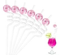 8 Pcs Reusable Straw Drinking Replacement Straws Spiral Milkshake Straw with Mirror Decorated Disco Balls for Cocktail Smoothie Cold/Hot Juice Bar Pub Summer Party Supply Bent Straws (Pink)