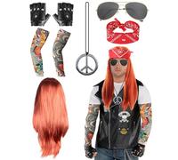 8 Pcs Rock Star Fancy Dress, 70s 80s Rock Wig Set Rockstar Costumes Accessories for Men Women with Gloves Sunglasses Temporary Tattoo Sleeves Necklace Bandana for World Book Day Disco Carnival Party