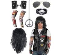 8 Pcs Rock Star Fancy Dress, 70s 80s Rock Wig Set Rockstar Costumes Accessories for Men Women with Gloves Sunglasses Temporary Tattoo Sleeves Necklace Bandana for World Book Day Disco Carnival Party