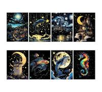 8 Pcs Scratch Art Paper Animals Starry Sky Moon, Glow in The Dark Painting Sketch Art Craft Scratch Scratchboard, Scratch Painting Creative Gift for Adult and Kids (A5 Size)
