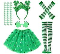 8 PCS Shamrock Costume Accessories for Women - Includes Shamrock Headband Bread Necklaces Glasses Gloves Knee Tights and Tutu Skirt for St. Patrick's Day Cosplay