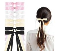 8 PCS Silky Satin Hair Bows Clips, Ribbon Red Hair Clips Bowknot with Long Tail, Red Ribbon Bow Metal Barrettes French Accessories for Women Girls Toddlers Teens Kids