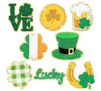 8 Pcs St. Patrick's Day Chenille Patches Glitter Lucky Irish Buffalo Plaid Shamrock Green 4 Leaf Clover Sew Iron on Repair Embroidered Applique DIY Crafts Decorative Gift for Clothing Backpack Hat