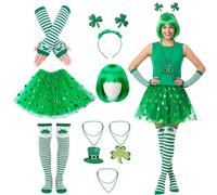 8 Pcs St. Patrick's Day Costume Accessories Set for Women Include Striped Socks Arm Sleeves Green Wig Tutu Skirt Shamrock Headband Necklaces