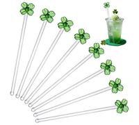 8 Pcs St. Patrick's Day Glass Drink Stirrers 7 Inch Swizzle Sticks for Cocktails Coffee Reusable Green Shamrock Beverage Stir Sticks for Irish Festival Party Coffee Bar Kitchen Bar