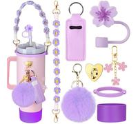 8 PCS Stanley Cup Accessories Set Stanley Water Bottle Decoration Including Straw Cover Water Bottle Flower Handle Sakura Strap Hairball Keychain for Stanley 30oz 40oz (Purple)