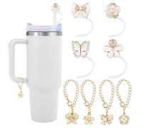 8 Pcs Straw Cover for Stanley Cup 40&30oz Reusable Silicone Straw Covers 10mm Flowers Sparkle Butterfly Dust-Proof Straw Lips and Matching Chain Charms Reusable for Stanley Tumbler Accessories