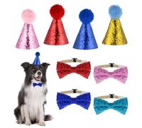 8 Pcs Stuffed Animal Party Hats, 4 Reusable Colored Sequins Mini Parties Hat with 4 Bow Tie Adjustable Mini Party Hats for Small Medium Dog Puppies Cat Kitten Decorations