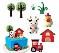 8 Pcs Tractor Cake Topper, Farm Cake Toppers Set for Birthday Parties, Farm Animal Cake Decorations with Red Tractor, Rooster, Standing Cow, House, Trees and Grass