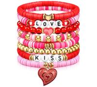 8 Pcs Valentine's Day Bracelet for Women Pink Red Heishi Bracelet Rainbow Vinyl Disc Bead Stackable Stretch Bracelet Heart Valentine Clay Beaded Bracelets Bulk for Valentine Jewelry Gifts,