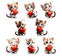 8 Pcs Valentine's Day Ornaments Cute Cat Holding a Red Heart Designs 2D Acrylic Valentines Hanging Ornaments for Tree Romantic DIY Valentines Day Tree Hanging Pendants for Home Holiday Party Decor