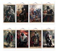 8 PCS Vintage Roman Crusades Armor Warrior Scroll Poster and Canvas Art Prints Home Wall Decor Banner - Masonic Knights Templar Flag Wall Art Hanging Painting (40X60 CM)