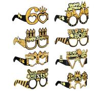 8 PcsBirthday Party Paper Eyeglasses Decoration, 60th Gold Black Happy Birthday Photo Booth Props Supplies for Her Birthday Party Girls Women Party Favors Decors Gift (60 Years)