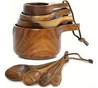 8-Piece Acacia Wood Measuring Spoon Set with Engraved Dimensions and Leather Strap, Rustic Kitchen Utensil Set for Baking and Cooking, Durable Wooden Cutlery Set, 13.5 x 8.5 x 6 cm (2 Set)