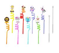 8-Piece Animal Image Straws, Party Spiral Straws, Knotted Curly Straws, Reusable Straws with 2 Straw Cleaning Brushes for Milk, Juice, Cocktails, Bars.