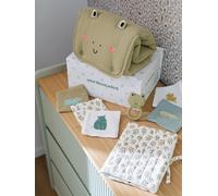 8-piece baby gift set: 1 rattle, 1 travel changing mat, 5 wipes, 1 pouch printed green