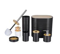 8-Piece Bamboo & Plastic Bathroom Accessories Set, Complete Bathroom Organiser with Toothbrush Holder, Soap Dispenser, Tumbler, Soap Dish, Qtip Holder, Toilet Brush & Waste Bin
