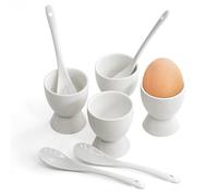 8 Piece Breakfast Set 4 x Egg Cup Holders & 4 x Spoons White Porcelain Ceramic