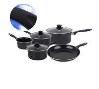 8 Piece Carbon Steel Cookware Set with Lids & Bakelite Handle - Non Stick Cooking Saucepan Set Pot and Frying Pans | Suitable for Gas, Electric, Halogen and Solid Hotplates - Tempered Glass Lid, Black