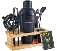 8-Piece Cocktail Set - Stainless Steel Shaker, Measuring Cup, Strainer, Mixing Spoon, Tongs, Bottle Opener, Wooden Stand & Recipe Cards Parties and Holidays (Matte Black - Wood Colour)