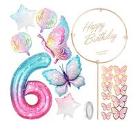 8-Piece Colorful Balloon Set, 11-Piece Butterfly Card, 1-Piece Birthday Card, 6Th Birthday Balloon, Gradient Colorful Balloon, Aluminum Film Balloon, Girl’S Birthday Party Decoration