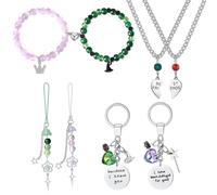 8 Piece Evil Inspired Best Friends Gift Set - Elphaba & Glinda Keychain, Matching Bracelets, Heart Pendant Necklaces and Charms, BFF Couple Accessories, Ideal Christmas and