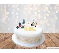 8 Piece Gold Christmas Decoration Set for Cakes and Cupcakes (Includes; Merry Christmas Sign, Fancy Ribbon, Santa, Reindeer, Robin, Holly and Trees)