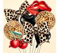 8-Piece Leopard Print Bow, Round, Heart, Lip Balloons for Party Decor | balloon set, includes leopard print bow, round, heart, lip and cherry shapes, aluminium foil, reusable and fade-resistant