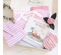 8 Piece Newborn Baby Girl Clothes and Keepsake Book Gift Set Essentials for Baby Shower Gifting and The New Parents Gifts 0-3 Mths Girl Pink Vest Socks hat Mitts Welcome to The World Story Book