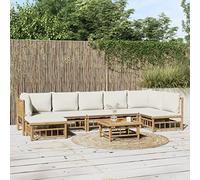 8-Piece Outdoor Bamboo Patio Lounge Set with Cream Cushions - Includes 2 Corner Sections 4 Middle Pieces Ottoman & Coffee Table - Stylish Garden Seating Group