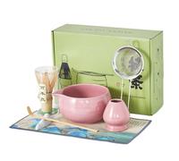8 Piece Pink Matcha Set, Ceramic Bowl, Bamboo Whisk & Scoop, Stainless Steel Sifter, Chasen Holder, Tea Cloth & Spoon, Complete Matcha Starter Kit, Gift Set for Women