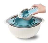 8 Piece Plastic Mixing Bowls Set, Nesting Bowls with Handle Includes 2 Mixing Bowls, 1 Colander, 1 Sifter, 4 Measuring Cups for Kitchen Cooking Baking, Space Saving RV Camping Accessories(Blue)