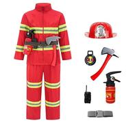 8 Piece Set Kids Fireman Costume Kids Firefighter Costume and Accessories with Fireman Jacket Pants Hat Axe Intercom Crowbar Fire Extinguisher Firefighter Role Play Halloween Costumes for Boys