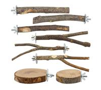 8-Piece Set Natural Wood Bird Perches - Wooden Parrot Stand with Fork Toys, Hanging Multi-Branch Platform, ammock Swing - Suitable for Macaws, Parakeets, Budgies - Durable Pet Bird Accessories