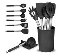 Kitchen Utensils Set with Holder & Drip Pad | Silicone Cooking Utensil 8pc Set | Silicone Spatula, Spoon, Spaghetti Server, Ladle | Scratch Proof Non-Stick Kitchen Gadgets & Tools