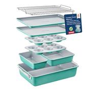 8-Piece Stackable Bakeware Set - Aluminized Steel with Ceramic Non-Stick Coating, PFOA & PFAS Free - Healthy Baking, Ergonomic Handles, SS#304 Cooling Rack, Non-Toxic, Oven-Safe, Durable Quality