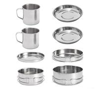 8-Piece Stainless Steel Camping Cookware Set for 5-6 People - Folding Handle Pots, Frying Pan, Cups, Plate & Roll-Up Plates for Outdoor Cooking