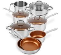 8-Piece Stainless Steel Cookware Set - Includes Frying Pans, Casserole Pot, Saucepans, Steamer & Sauce Jug - Non Stick and Compatible for All Types of Hobs - PTFE and PFOA Free