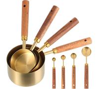 8 Piece Stainless Steel Measuring Cups Set and Measuring Spoons Wooden Handle Metal Measure Cups and Spoons for Cooking and Baking (Gold)