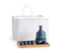 8 Piece Traditional Sake Set with Warmer, Japanese Porcelain Beverage Kit, Includes 1 Stove, 1 Warming Bowl, 1 Sake Pot, 4 Cups and 1 Warming Stove, with Green