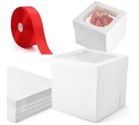 8 Pieces 10 inch Cake Boxes with Red Ribbon, 10x10x10 Inches Cake Boxes with Window, Paper Bakery Box, Cake Carrier, Cookie Box, Gift Pastry Boxes for Cake Dessert, Pie