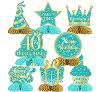 8 Pieces 40th Birthday Honeycomb Centerpieces Teal Gold, Happy 40th Table Decorations, Cheers to 40 Years Table Toppers for Forty Years Birthday Party Decorations Supplies Women